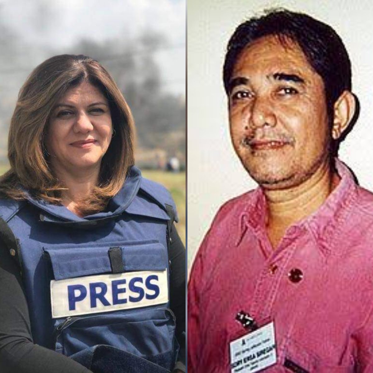 Jurnalis Al Jazeera Shireen Abu Aqleh meregang nyawa setelah ditembak oleh tentara Israel di Jenin.

Jurnalis RCTI Ersa Siregar meregang nyawa setelah ditembak oleh tentara Indonesia di Aceh Timur.