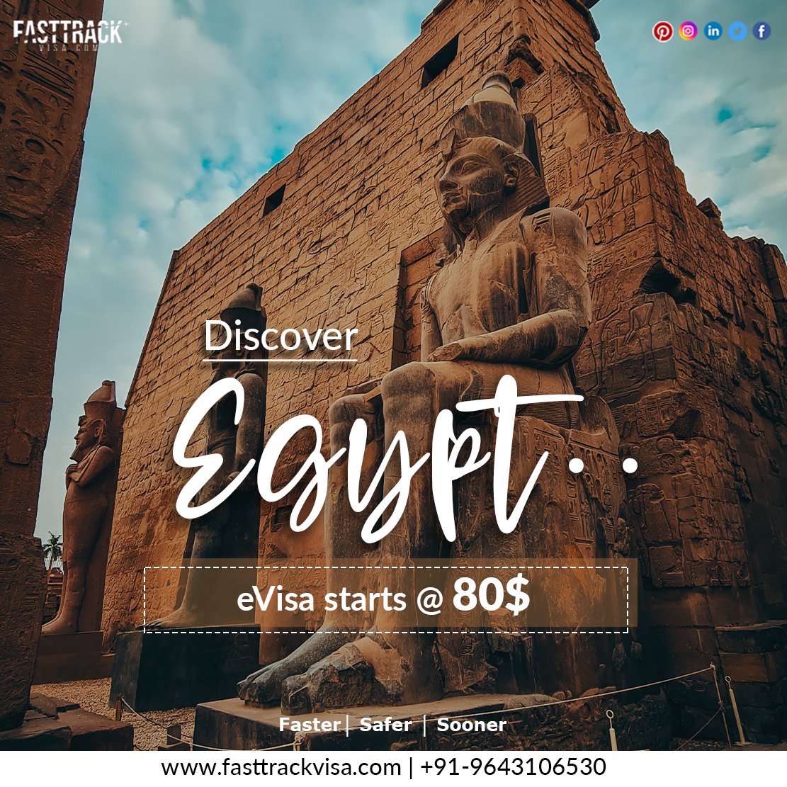 Get to revel in the iconic city of first civilization along with a number of fun-filled avocations to indulge in😍
Plan a trip to Egypt with your family & friends and let us worry about your visas.😍
Go Fasttrack! ✈️
#fasttrackvisa #gofasttrack #evisa #egyptvisa #discoveregypt