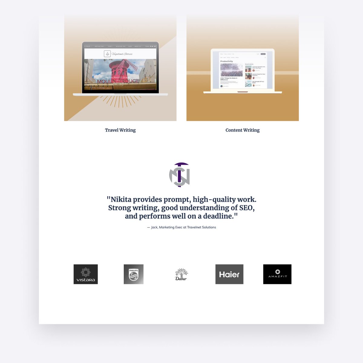 copyfolioapp's tweet photo. Create some stylish thumbnails, and you have yourself a bomb portfolio already 💣 Use coordinating colors and mockups to elevate  thumbnails, and finish off the homepage with a strong testimonial and some client logos 👌 #madewithCopyfolio https://t.co/7TWPIVOubV