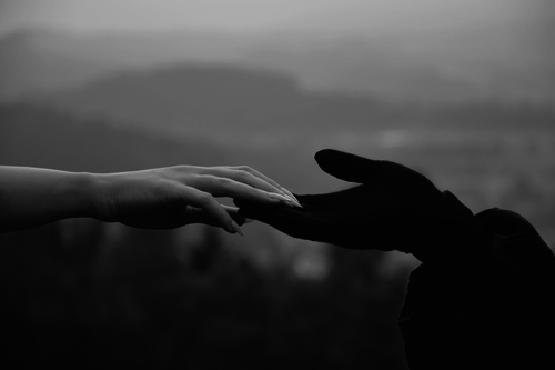 A white hand with long, sharp nails reaches towards a black gloved hand, which receives it lightly. 