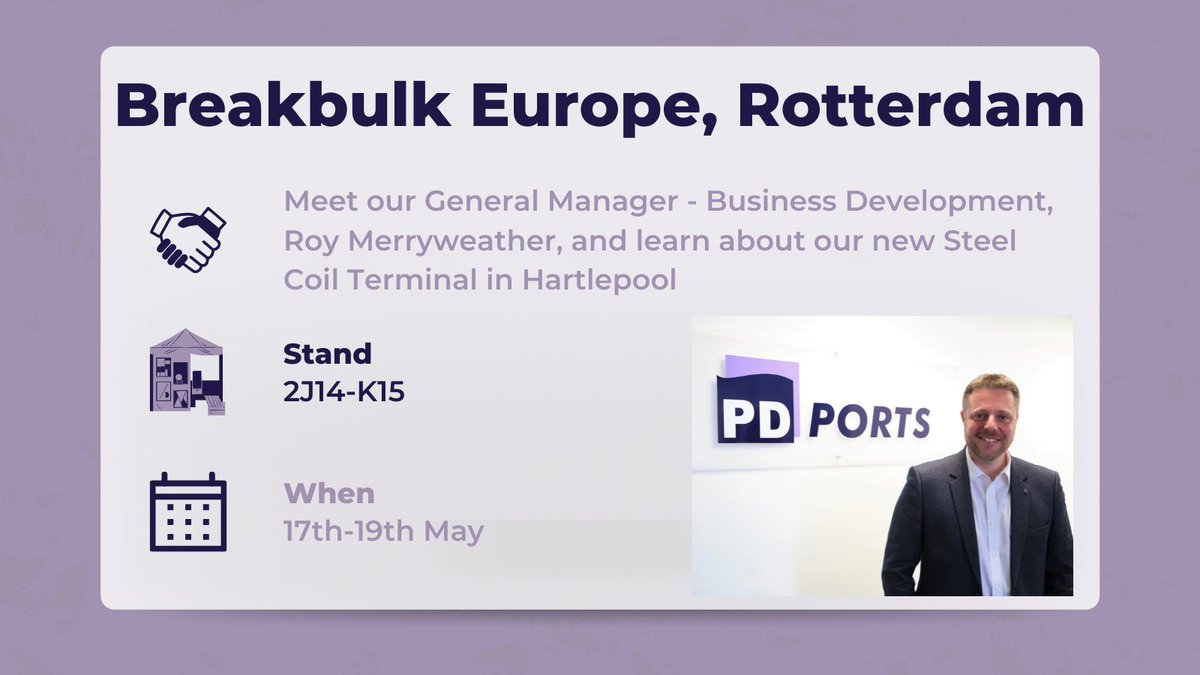 PDPorts's tweet photo. We're exhibiting at @Break_Bulk Europe next week!
Our General Manager - Business Development, Roy Merryweather, will be on hand from PD Ports to chat about our bulks handling facilities including the new Steel Coil Terminal in Hartlepool.
#bbeu2022 | #FutureDevelopments https://t.co/MEisZrrcj9