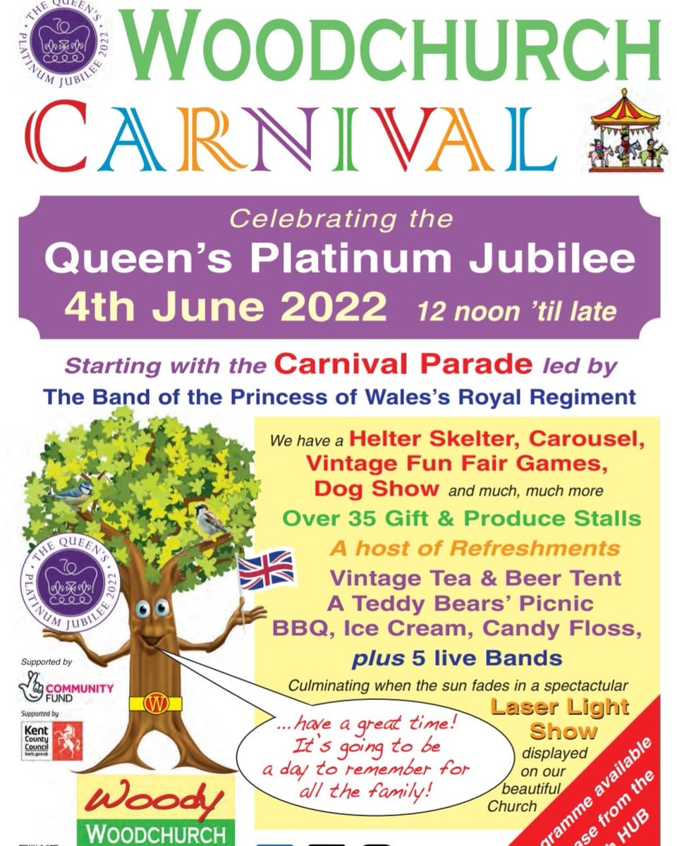 Woodchurch Carnival are excited and proud to share our updated Carnival poster which now includes The Band of The Princess of Wales's Royal Regiment! 

So much fun taking place on the Green ending at dusk with a laser light show set to music on the church.
See you there! 🎪🤩