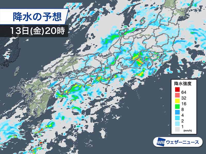 wni_jp's tweet photo. ＜西日本太平洋側～東海は今夜にかけて大雨警戒＞
今日13日(金)は本州南岸の梅雨前線が北上して西日本や東日本の広範囲で本降りの雨になっています。
前線上の低気圧が通過する西日本太平洋側～東海エリアでは今夜にかけて大雨に警戒が必要です。
https://t.co/gEZRIJaj8W https://t.co/XWwzO5Mqto