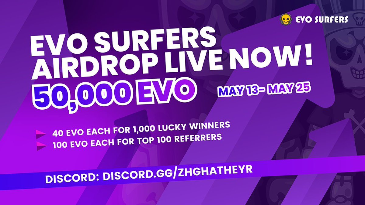 📣#EvoSurfers #airdrop is live now!

🎉50,000 EVO airdrop！
🔸40 EVO each for 1,000 randomly participants
👫100 EVO each for top 100 referrers

👉Use our airdrop bot in Telegram: t.me/EvosurfersAird…

🗓 Airdrop End: 25th May
🗓Airdrop Distribution: within 2 weeks after IDO