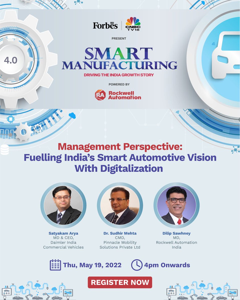 ForbesIndia's tweet photo. Join us on May 19, at Forbes India & CNBC-TV18 present #SmartManufacturing powered by @ROKAutomationIN, where industry leaders discuss how to accelerate India's #smart #automotive vision with #digtialisation. Register now: https://t.co/Oh1c47Wj9L @DTAsia_Official @pinnacle_ind https://t.co/aPj3Dlot9h