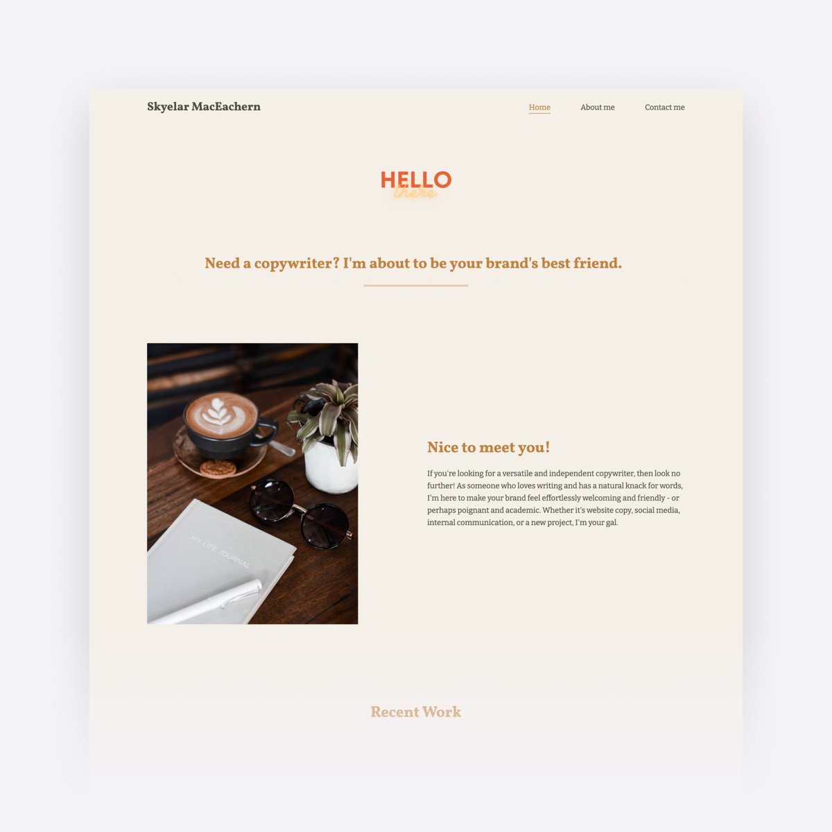 copyfolioapp's tweet photo. We’re back with another #madewithCopyfolio copywriter portfolio for some inspiration ✨ Skyelar used Copyfolio’s “Letterpress” template and created a page with kind of a coffee theme going on ☕️ https://t.co/6bn9RiQG7W