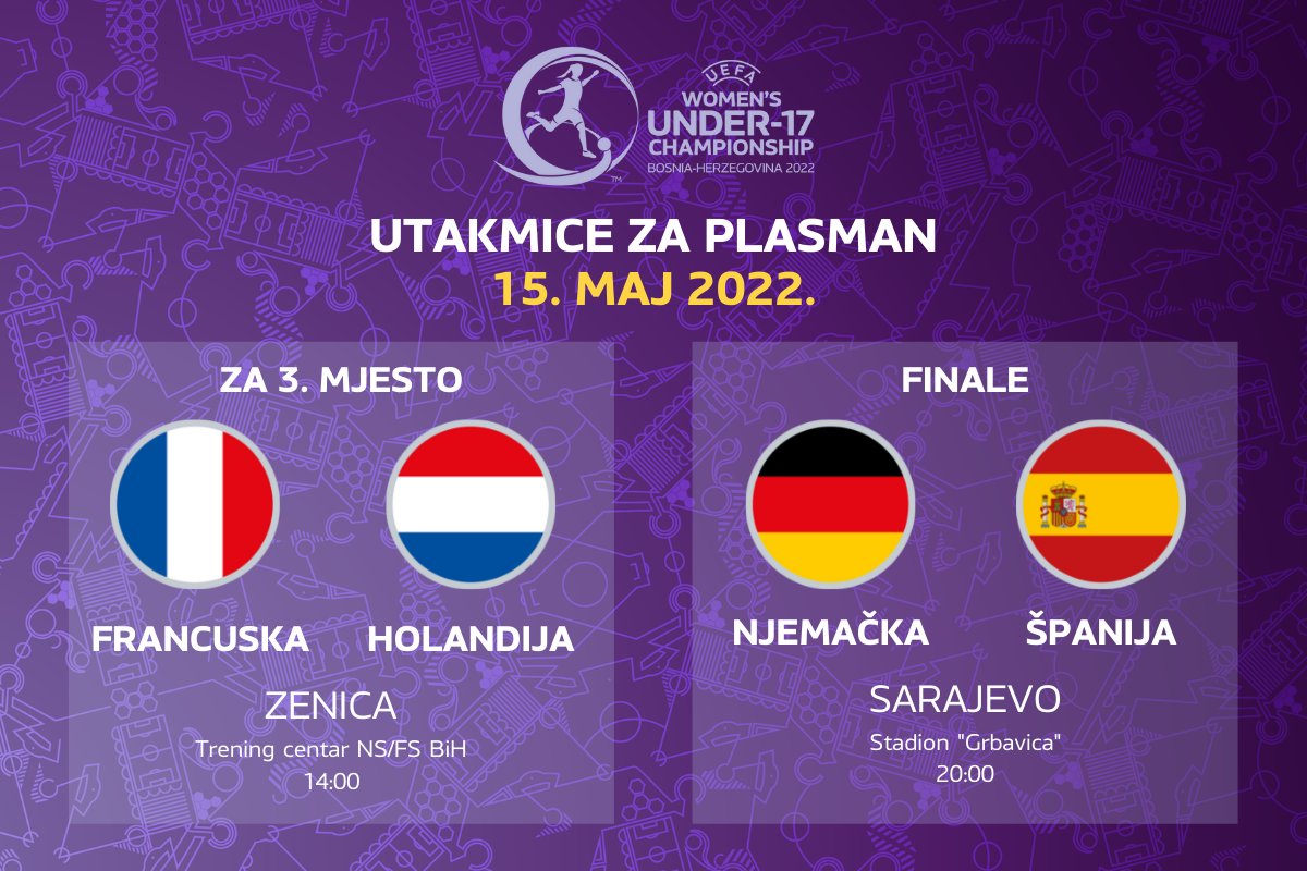 NFSBiH's tweet photo. 🏆 Da li će Njemačka osmi put postati šampion Evrope i uspjeti da odbrani titulu evropskog šampiona ili će Španija doći do petog trofeja saznaćemo u nedjelju oko 22 sata, kada padne zavjesa na prvo veliko takmičenje koje organizuje BiH pod okriljem UEFA.
 #nfsbih #ffbh #eurowu17 https://t.co/Ml5yh1w2cf
