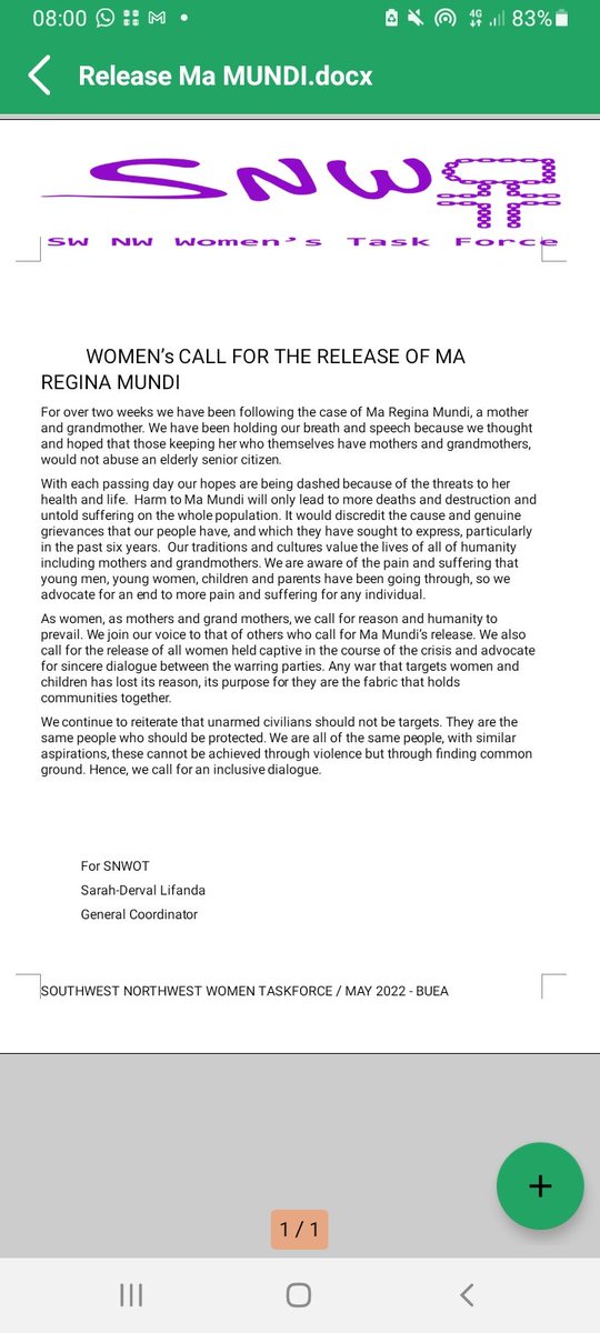 Snwot4's tweet photo. As Ma Regina Mundi remains in captivity, the South West and North West Women's Task Force joins its voice with others to plead for her release, in the name of our common humanity and identity.
#EndAnglophoneCrisis
@swisspeace 
@CoalitionFDN 
@ChrisFomunyoh 
@NkafuPolicyInst https://t.co/H4t5pHQFAj