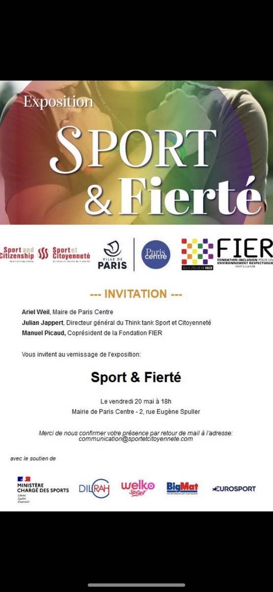Vernissage de l’expo #FIER 
distribution gratuite et dédicaces du livre #SPORT #FIERTE 
A <a href="/MParisCentre/">Mairie de Paris Centre</a> 
Merci <a href="/ArielWeilT/">Ariel Weil</a> <a href="/YRoszewitch/">Yohann Roszéwitch</a> <a href="/ManuelPicaud/">Manuel Picaud</a> @PascaleReinteau <a href="/AudreyKEYSERS/">KEYSERS Audrey</a> <a href="/e_jouannault/">Édouard Jouannault Taylor</a> <a href="/noemiegingue/">Noémie Gingue</a> et <a href="/EJappert/">emmanuelle jappert</a> 
Inscriptions ici : communication@sportetcitoyennete.com