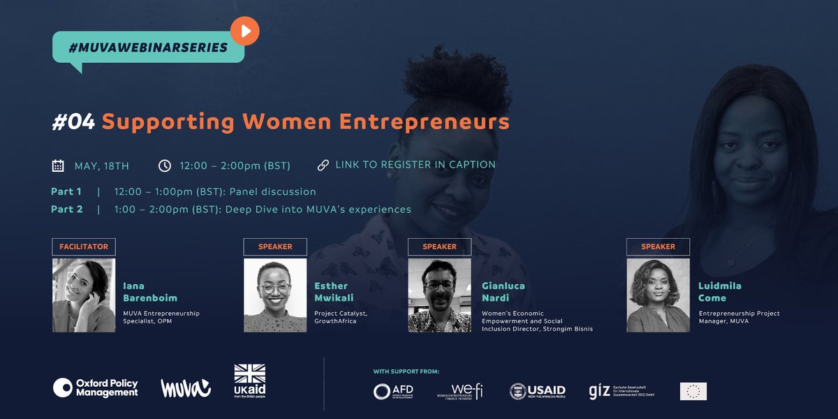 Supporting Female Entrepreneus is the exciting theme of our upcoming #MUVAWEBINARSERIES.
Join us on the 18th by registering here: opm.global/3L9LAYJ 
The event will be a two part webinar including real-life success stories from our projects.