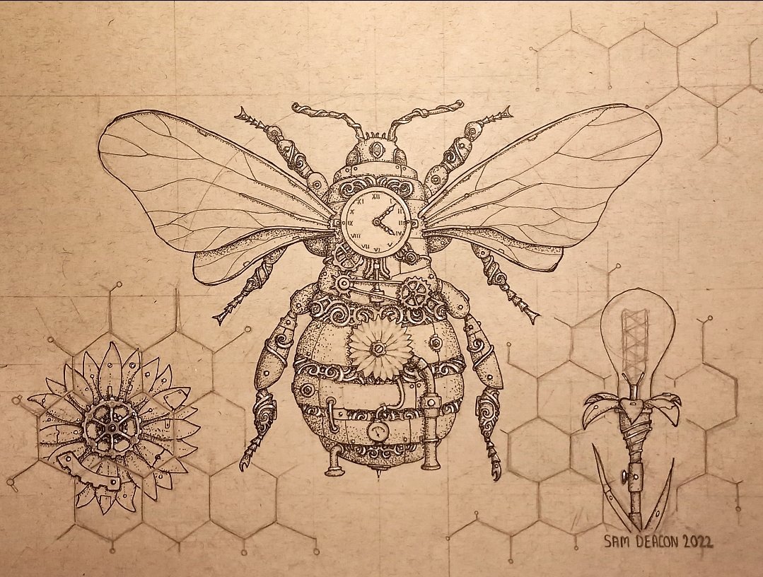 SamDeaconArt's tweet photo. The Steampunk Bee is finally complete!

Ink illustration in the "mechanimals" series of steampunk designs, by Sam Deacon Art

#steampunk #bees #art https://t.co/rPdpsTozlS