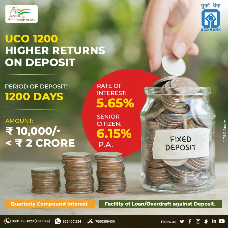 UCOBankOfficial's tweet photo. UCO Bank Introduces #UCO1200 Fixed Deposit Scheme with Higher Interest Rate and attractive benefits!! Visit nearby Branch to Invest today.
#UCOBank Honours Your Trust #FixedDeposit #HigherInterest https://t.co/HocxFFiunY