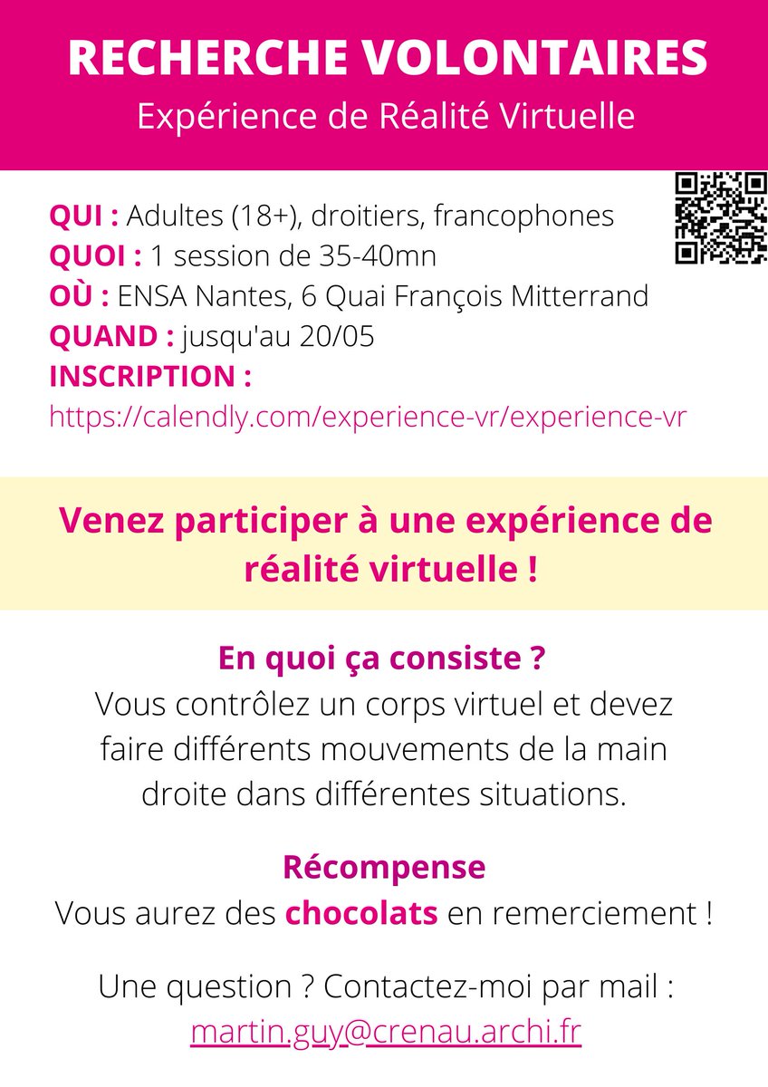 LaboratoireAAU's tweet image. 📣Recherche volontaires dans le cadre d'une thèse de doctorat sur la caractérisation de l’Incarnation Virtuelle #VirtualEmbodiment #RealitéVirtuelle
@ensaNantes1 @CentraleNantes @NantesUniv @CNRS_dr17 
S'inscrire :  calendly.com/experience-vr/… 
contact : martin.guy@crenau.archi.fr