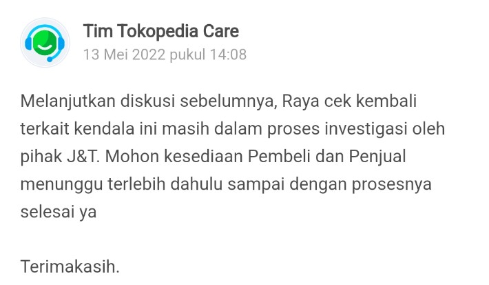 arifsaefudinn's tweet photo. @jntexpressid apa kabar paketan sy ya? 
Udah dari tanggal 26 April tidak kunjung ada perubahan status. Sudah berkali kali menghubungi CS hanya di suruh menunggu. Pusat resolusi @tokopedia juga nunggu investigasi JNT terus. Ditanya batas waktu maksimal @TokopediaCare jg tdk jawab. https://t.co/7cYysEJ3Vt