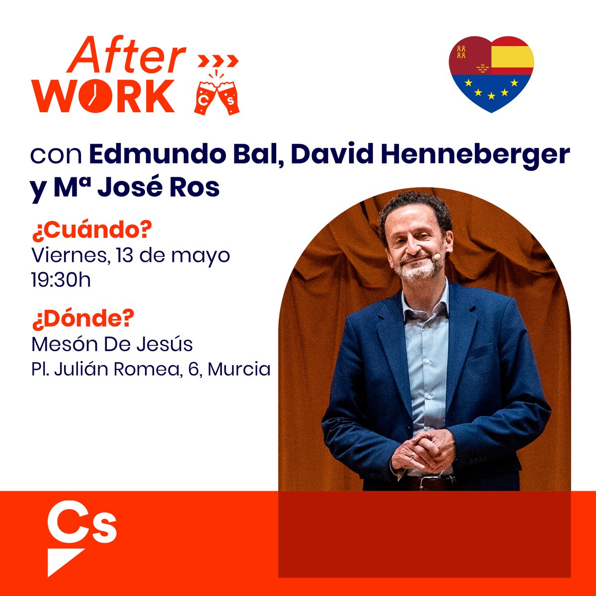 CsRegionMurcia's tweet photo. 👩🦰🧑🦰En breve, los afiliados y simpatizantes de
@CsRegionMurcia tienen un #AfterWorkCs especial en #Murcia que no se pueden perder, junto a:
🍊@BalEdmundo
🍊@dvhenneberger
🍊@MJoseRosOlivoCs
🕢 A las 19:30h
📍 Mesón de Jesús, Plaza Julián Romea, 6, Murcia
😉¡Te esperamos! https://t.co/wL9AjZ7RCv