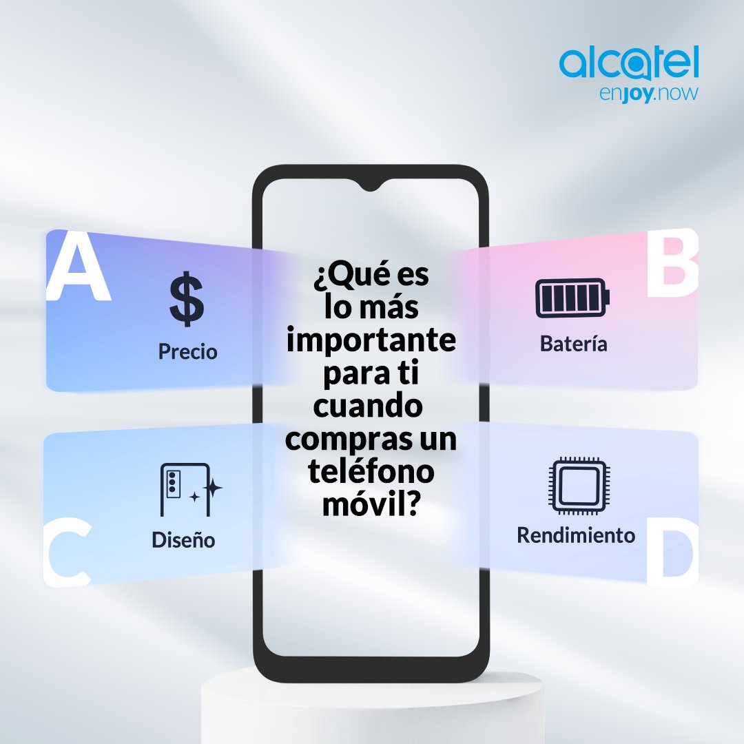 ¿Qué es lo más importante para ti cuando compras un teléfono móvil 📱?
A: Precio 💵
B: Batería 🔋
C: Diseño ✨
D: Rendimiento📲
E: Otros. (Déjanos tu comentario) 😊
#AlcatelMobile #EnjoyNow