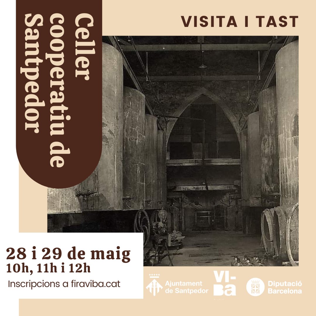 🍷L'oficina de turisme de Santpedor tornarà a oferir visita i tast al Celler cooperatiu en el marc de la <a href="/firaviba/">Fira ViBa</a> 

👉Serà el cap de setmana 28 i 29 de maig i les inscripcions ja estan obertes! 

santpedor.cat/actualitat/not…