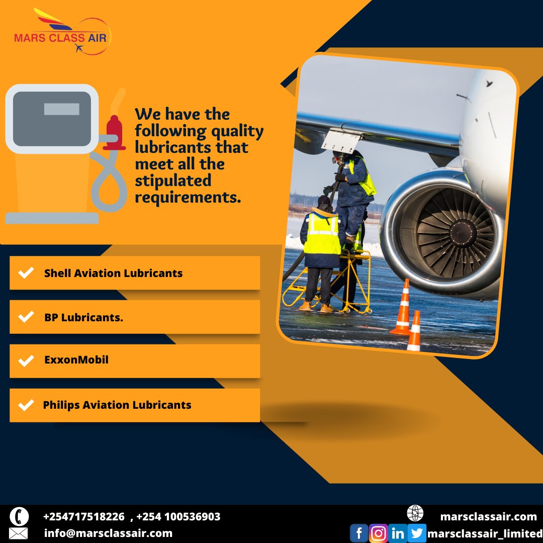Marsclassairltd's tweet photo. We have the following quality lubricants that meet all the stipulated requirements.

1) Shell Aviation Lubricants
2) BP Lubricants.
3) ExxonMobil
4) Philips Aviation Lubricants

For More Info:

📱:+254717518226
 +254 100536903
#aviationfuel #fuel #airplanefuel https://t.co/mazpH4Fyfu