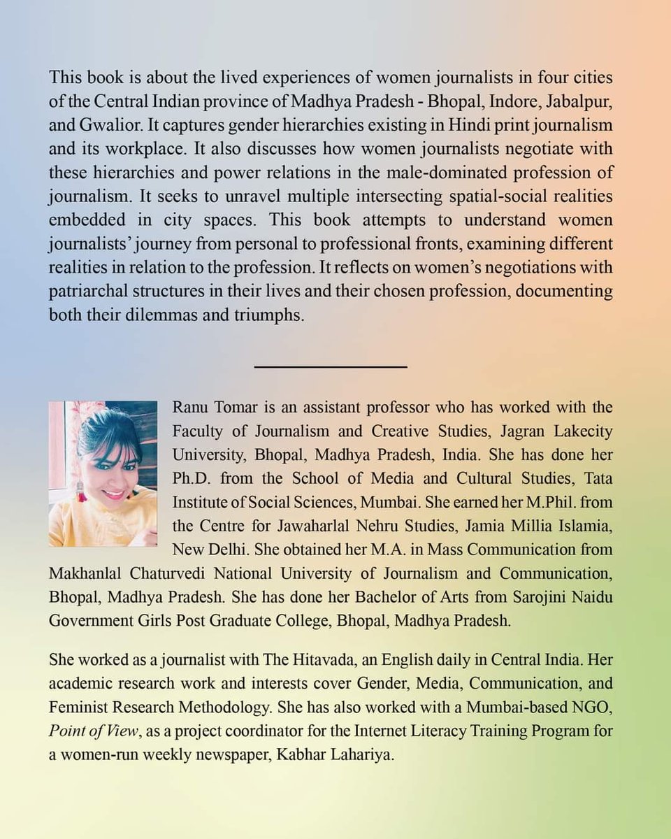 RanuTomar02's tweet photo. I humbly announce my debut book titled 'Gender in Hindi Print Media in Central India: Lived Experiences of Women Journalists in Cities of Madhya Pradesh (2012-17)'. 
 Book https://t.co/2kWIRcmEbt
 #HindiPrintMedia #WomenInMedia #Academic Contributions @MPJansampark https://t.co/2ZeRseaART
