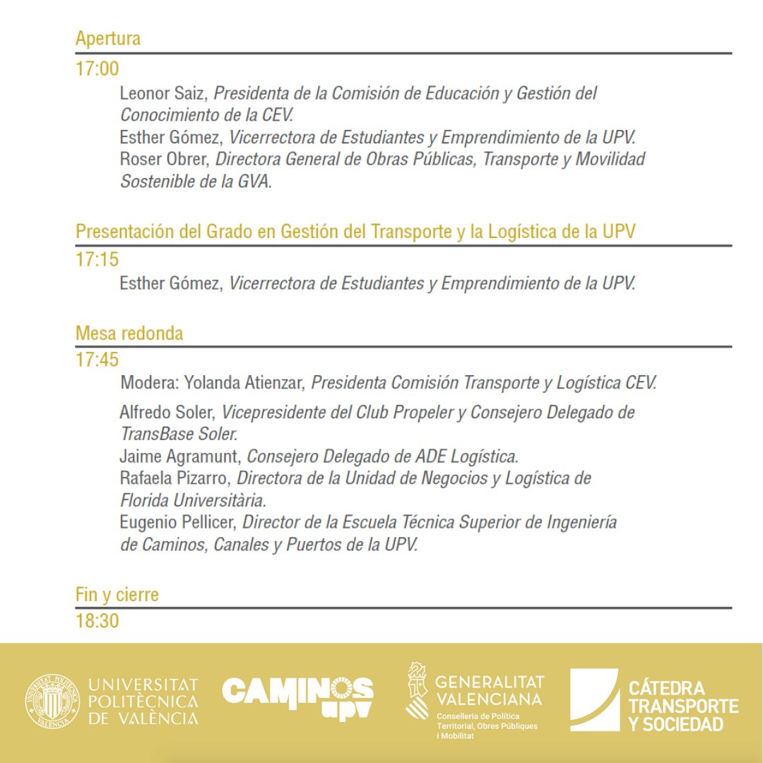 🔴 El auditorio de📍<a href="/CEV_CV/">CEV</a>  acoge el 🗓️ martes, 24 de mayo la
Jornada sobre formación universitaria en #transporte y #logística 
🕝 17:00h
🆕 Presentación del nuevo Grado en Gestión de Transporte y la Logística <a href="/UPV/">Universitat Politècnica de València</a> 
¡Os esperamos!
@GVAterritori  <a href="/transporteysoc/">Transporteysociedad</a> 
<a href="/caminoscv/">Caminos CV</a>