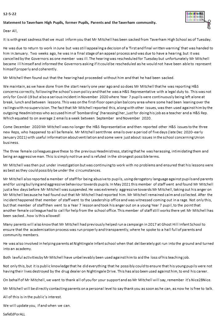 DefendMitchell's tweet image. It is with great sadness that Mr Mitchell was sacked this week. In the final stages of an appeal the Governors cancelled one hearing as a panel member was ill. Then for the next hearing Mr Mitchell was ill but they continued without him and sacked him later that day 😢