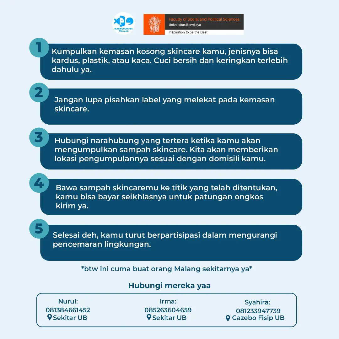 [Collect Your Skincare 7.0]

Hi, Buddies!
Program CYS yang dinantikan sudah balik lagi lho! Udah pada nungguin kan? CYS kali ini Marine Buddies Malang berkolaborasi dengan Fakultas Ilmu Sosial dan Politik Universitas Brawijaya lho. Pantengin poster dibawah ini untuk infonyaa