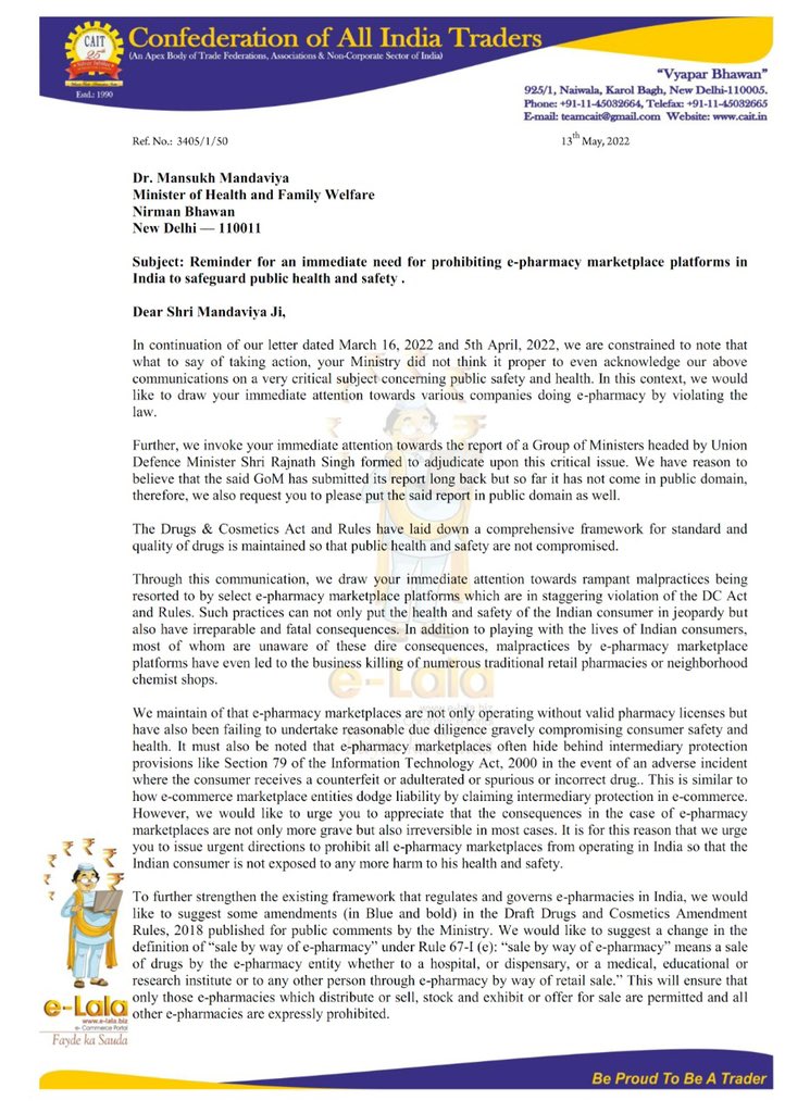 PKhandelwal_MP's tweet photo. We @CAITIndia urge @MoHFW_INDIA Shri @mansukhmandviya to take cognisance of misdeeds of e pharmacies causing threat to biz of chemists &amp; danger to health of people @rajnathsingh @nsitharaman @PiyushGoyal @yogrishiramdev @ANI @CimGOI @DPIITGoI https://t.co/GCGdWWzyp8