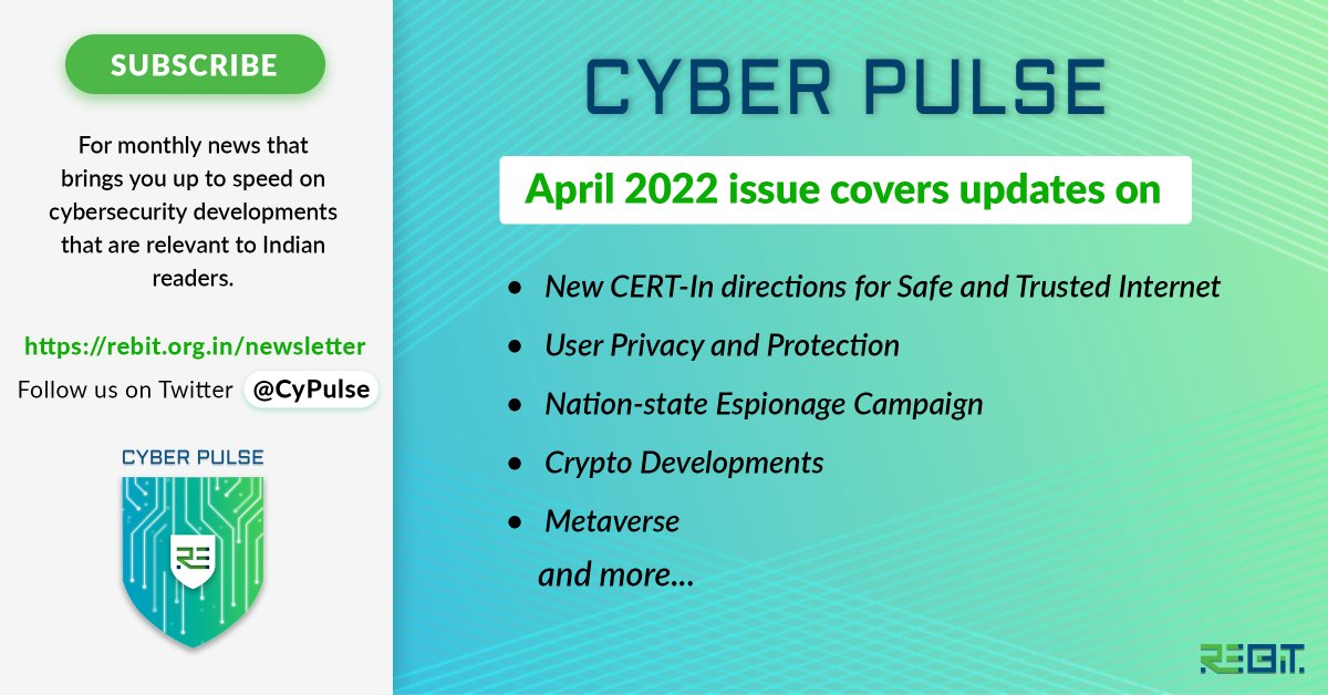 CyPulse's tweet image. The #april2022 issue of #CyberPulse is now out!!
Did you have a chance to check it out yet?
Here, you go: - lnkd.in/dvFgEwsF
#cyberpulse #ReBIT #ReBITians #cyberattack #cyberworld #newsletter