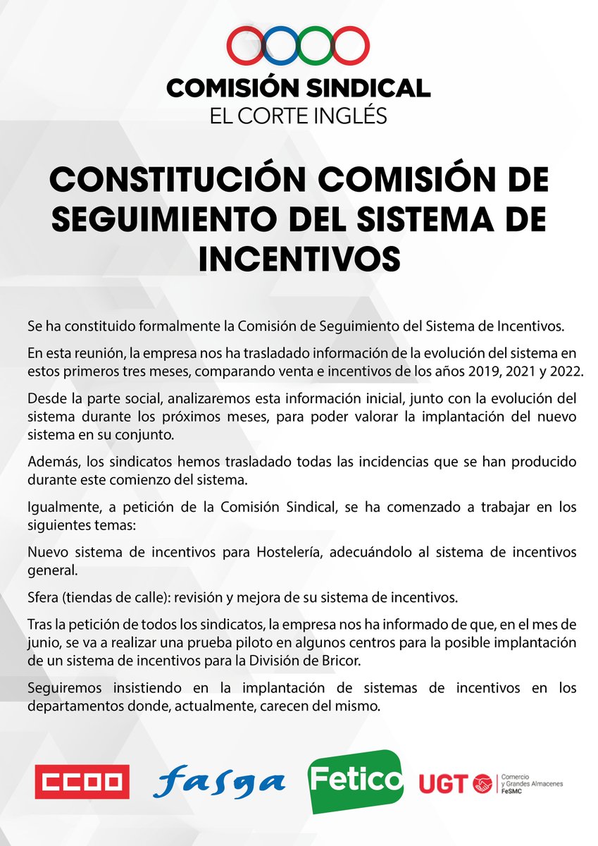 Valorianenred's tweet photo. COMISIÓN SINDICAL EL CORTE INGLÉS: CONSTITUCIÓN COMISIÓN DE SEGUIMIENTO DEL SISTEMA DE INCENTIVOS

Más  información: https://t.co/Bu1dQJqVYw https://t.co/D1TKtbcun3