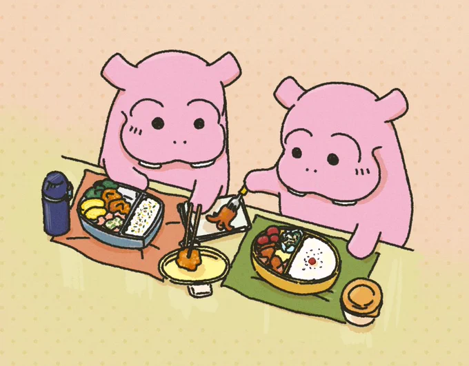 お弁当のおかずを交換するカバさん
#カバ #かば #イラスト #お弁当 