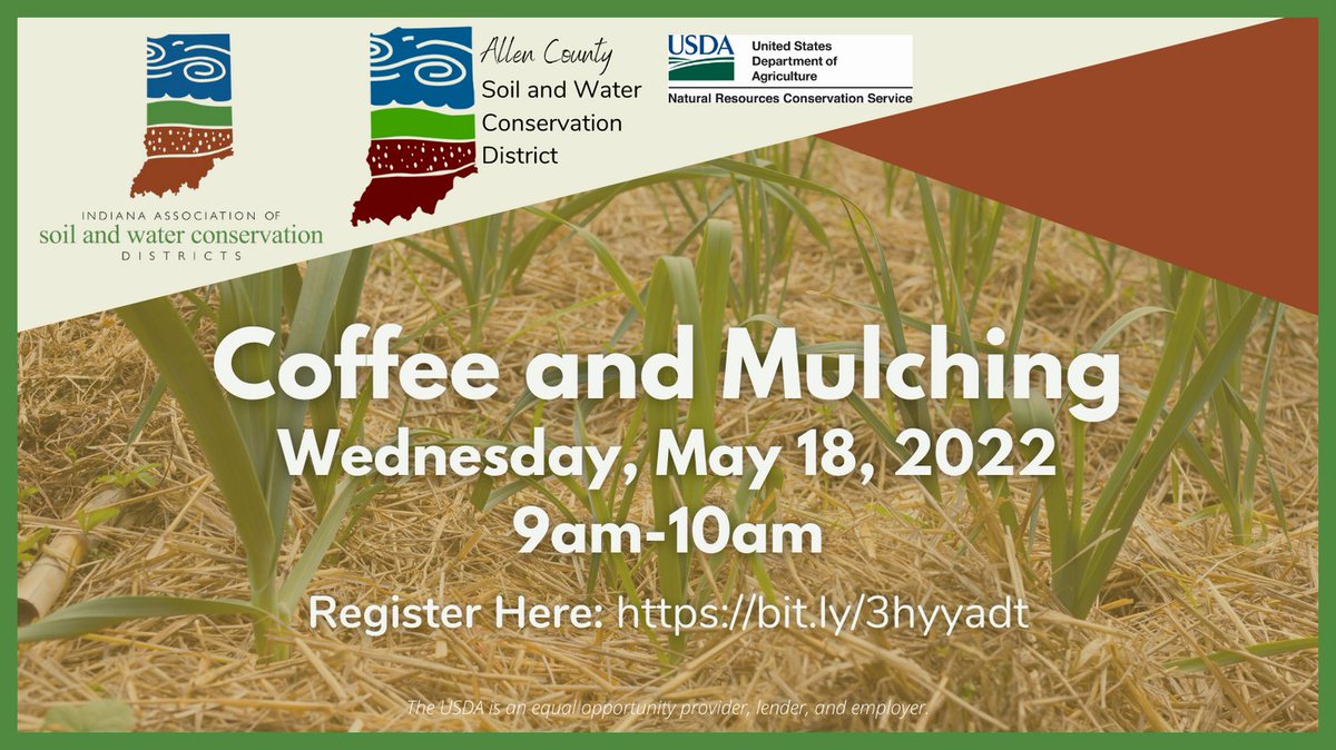 AllenSwcd's tweet image. Join us next Wednesday, May 18th, for Coffee and Mulching from 9am-10am! Jamie Perry (IASWCD) will share on various mulching methods and help you choose which method is right for your operation. 

Register here: allenswcd.org/event/coffee-a…

#soilhealth #mulch #coffee #wednesday #may