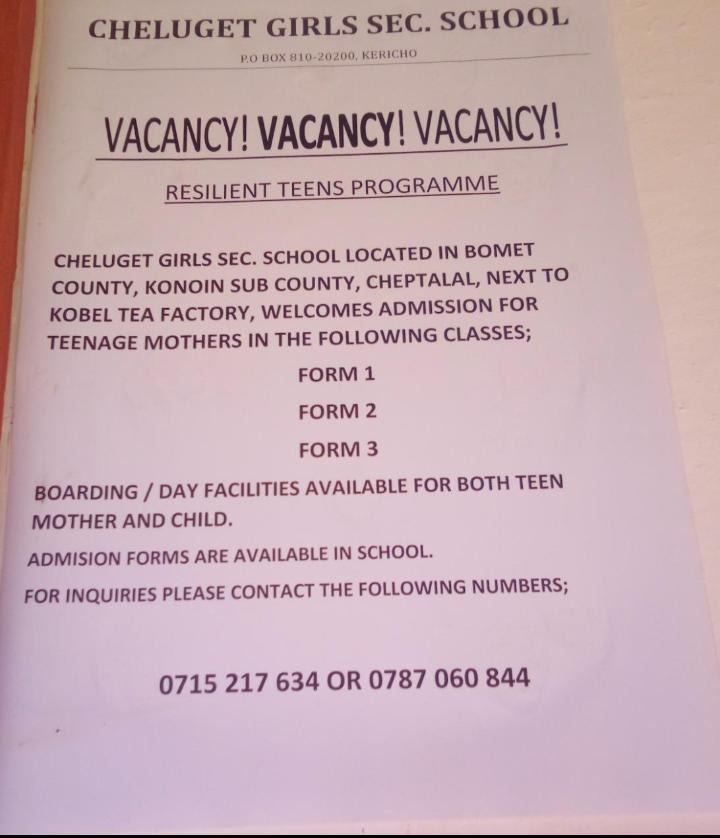 sigeipk's tweet photo. Cheluget Girls Sec School in Bomet County, Konoin is admitting teenage mothers. Boarding and Day facilities are available for both mother and child. Ain't this a noble fete by the school head? @MKapombe @citizentvkenya @KTNNewsKE @ntvkenya @tv47ke @MOESTKe Sarit Amina Mohamed https://t.co/AyLZiZHFDJ