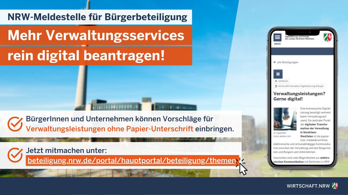 Verwaltungsleistungen komplett #digital: 💻Ab heute können BürgerInnen und Unternehmen aus #NRW Vorschläge einbringen, welche Verwaltungsservices zukünftig ohne Papier-Unterschrift möglich sein sollen. Jetzt teilnehmen👉 beteiligung.nrw.de/portal/wirtsch… #ClickinsAmt #DigitalDurchstarten