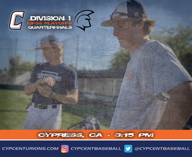 CypCentBaseball's tweet photo. GAMEDAY!

The grind continues as your Centurions battle Villa Park in the @CIFSS Division l Quarterfinals. We start throwing in Cypress at 3:15 pm sharp. BE THERE!

@LesLukach @PBR_California @latsondheimer @SteveFryer @OCSportsZone 

#cypressbaseball https://t.co/vrhAYK6cBW