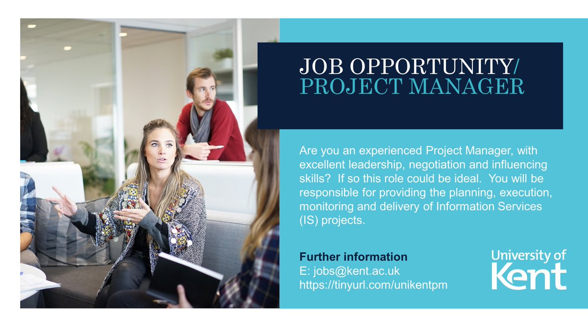We have an opportunity for you to join our team as a Project Manager.  You will be integral to the planning, execution, monitoring and delivery of Information Services (<a href="/UniKentLibIT/">University of Kent Library & IT</a>) projects.
Closes: 23.59 hours BST on Wednesday 01 June 2022 
More at: tinyurl.com/unikentpm