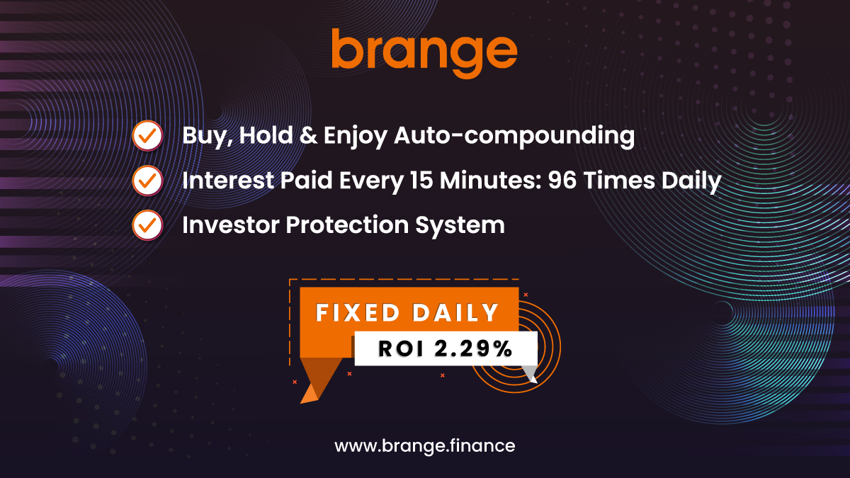 BrangeFinance's tweet photo. Ultimate staking platform to Swap, Wait and Win .Earn fixed 102% APY with Original auto staking Token. Daily sustainable fixed daily ROI - 2.29% #brange #crypto #Brangefinance https://t.co/kf2QQhl6jG