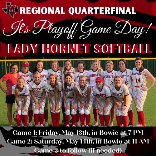 Muenster_ISD's tweet photo. It's Regional Quarterfinal playoff game day for Lady Hornet Softball!  Game 1 will be  Fri., 5/13, in Bowie at 7 PM. Game 2 will be in Bowie on Sat., 5/14, at 11 AM. Game 3 to follow (if needed). Good luck Lady Hornets!
Ticket site link: https://t.co/kDnilJIb5b https://t.co/DLh0dzPoaB