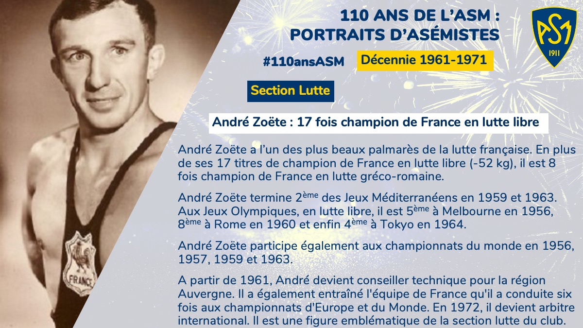Asm_Omnisports's tweet photo. 💛💙#110ansASM à l’occasion des 110 ans du club nous vous donnons rendez-vous tous les jeudis pour découvrir des portraits d’asémistes par décennie. Deuxième portrait pour la décennie 1951-1961 : André Zoëte, 17 fois champion de France en lutte libre ! https://t.co/HI7praRwnx