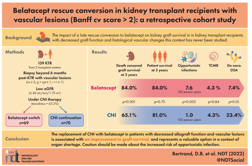 🆕Belatacept rescue conversion in kidney transplant recipients with vascular lesions (Banff cv score &gt; 2):  a retrospective cohort study
📖bit.ly/3NbKm0p👈