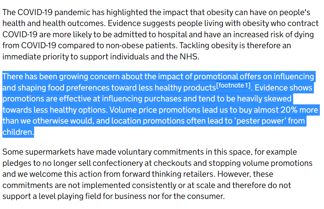 Claims that reported delays to obesity measures are about #CostOfLivingCrisis don't stack up

Govt's own report states "Volume price promotions lead us to buy almost 20% more than we otherwise would" 
#FalseEconomy <a href="/sajidjavid/">Sajid Javid</a>  <a href="/wesstreeting/">Wes Streeting</a> <a href="/libdemdaisy/">Daisy Cooper MP 🔶</a> 

gov.uk/government/con…