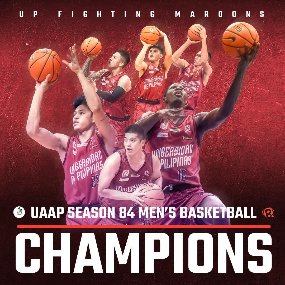 RapplerSports's tweet photo. FIRST UAAP MEN’S BASKETBALL TITLE SINCE 1986! 🏆🔥 

BREAKING. UP ends a three-decade UAAP title drought as the Fighting Maroons dethrone the Ateneo Blue Eagles in Game 3 in overtime, 72-69, for the men’s basketball championship! #UAAPSeason84 #UAAPFinals https://t.co/AZewCHWPSu