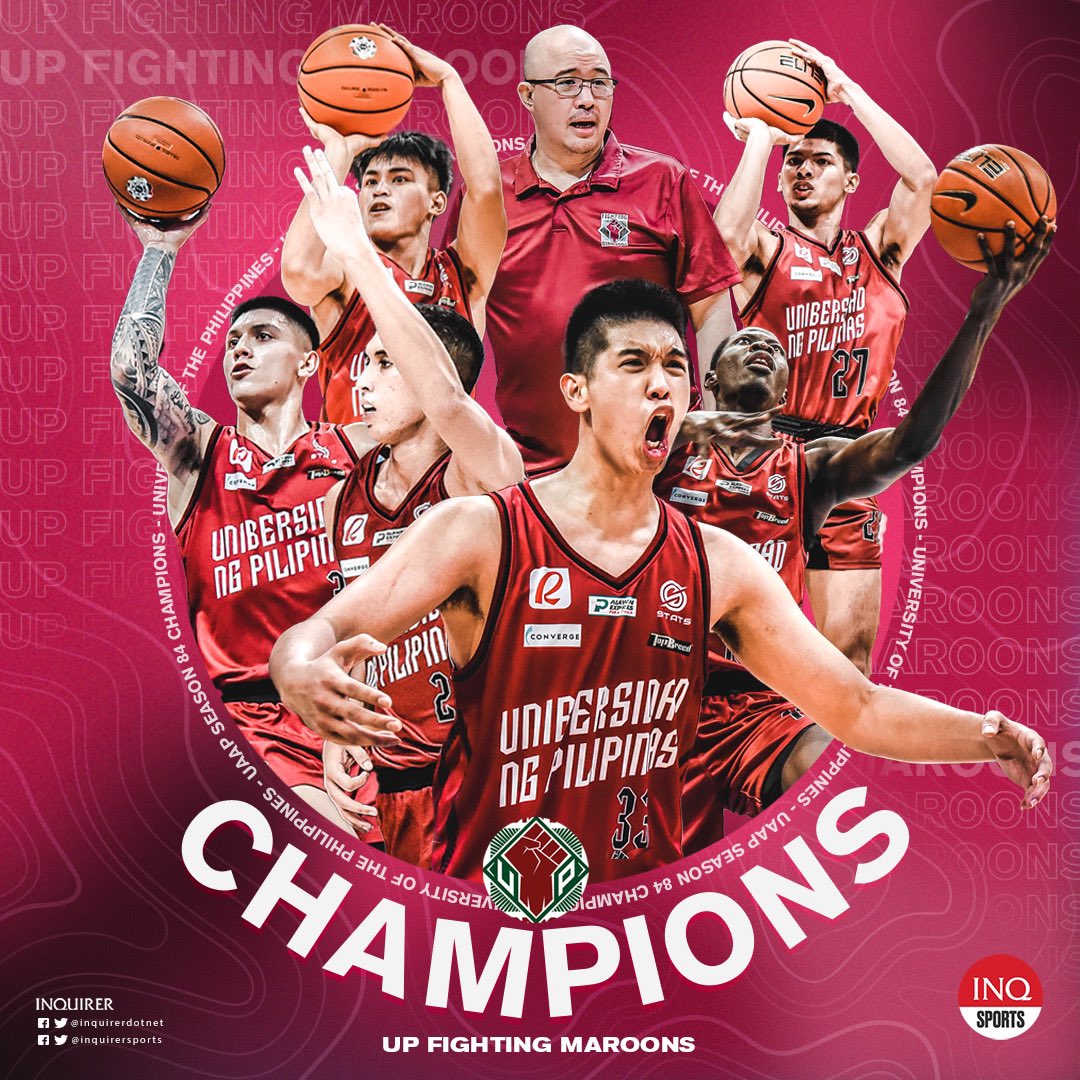 inquirersports's tweet photo. CHAMPIONS! 🏆

FINAL: Cagulangan drills the game-winning three! UP dethrones Ateneo, 72-69. #UAAPSeason84 | @LanceAgcaoilINQ https://t.co/LBIuEenVCq