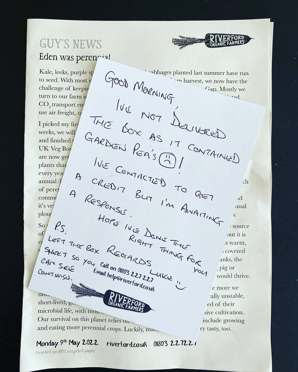 SilverLiningGal's tweet photo. BLOWN AWAY by this from @riverford delivery driver Luke. Chatted recently about #allergies -I skip weekly boxes with #peas to avoid our son picking it up on his way in from school (he’d be on his own if he reacts). I forgot to check-but Luke had our backs!!  @natashasfoundation https://t.co/h2jcedFbon