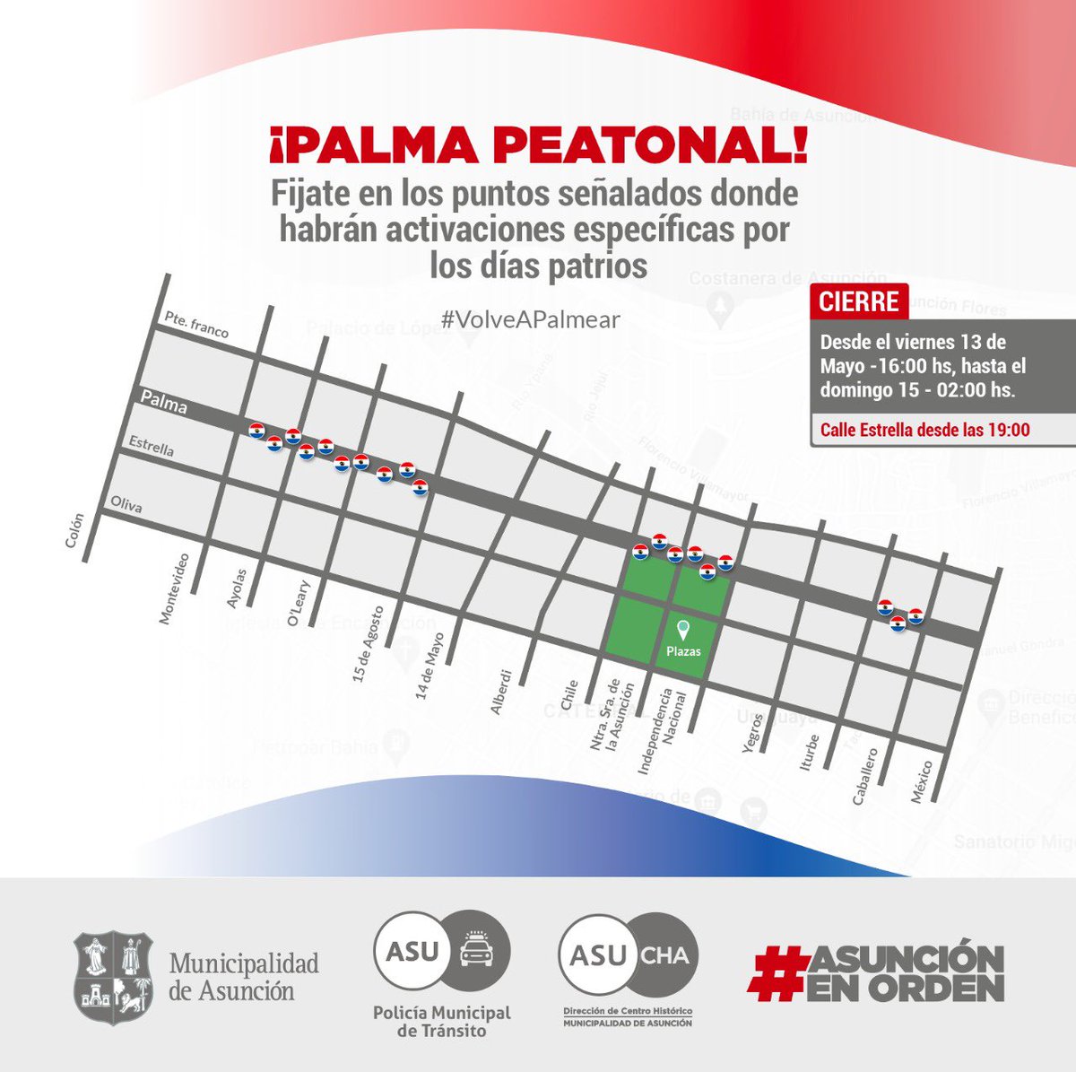 asu_transito's tweet photo. HOY desde las 16:00 hs se procederá al cierre de varias intersecciones de la calle Palma en el marco de las #FiestasPatrias2022 🇵🇾
¡Fíjate en el mapa 👇🏻! #VolveAPalmear https://t.co/bf2N0oEUG9
