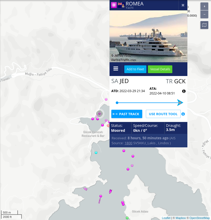 SanctionsAhoy's tweet photo. #Russia #oligarch Aleksandr #Nesis's #yacht ROMEA has reappeared in the monitored area: At N 36° 45' 11.16" - E 028° 55' 38.16". Track it here: https://t.co/sSiKN1kqsP #StandWithUkraine https://t.co/XpRh6Klzl3