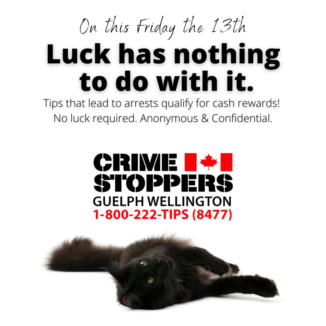 CSGWtips's tweet photo. A little nervous about #FridayThe13th ? Don't be. Any day is a great day to report crime anonymously and confidentially. 1-800-222-TIPS https://t.co/6RD6lCA6YZ
#Guelph #Wellington #LuckHasNothingToDoWithIt
@OPP_WR https://t.co/TF06WvXNyp