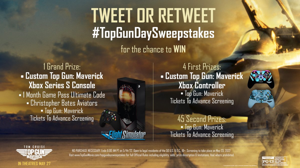 Celebrate #TopGunDay by tweeting or retweeting #TopGunDaySweepstakes now & following @TopGunMovie for the chance to WIN a Custom #TopGun: Maverick @Xbox Series S Console, Controller, and tickets to see the movie at an advance screening before it hits theatres May 27!