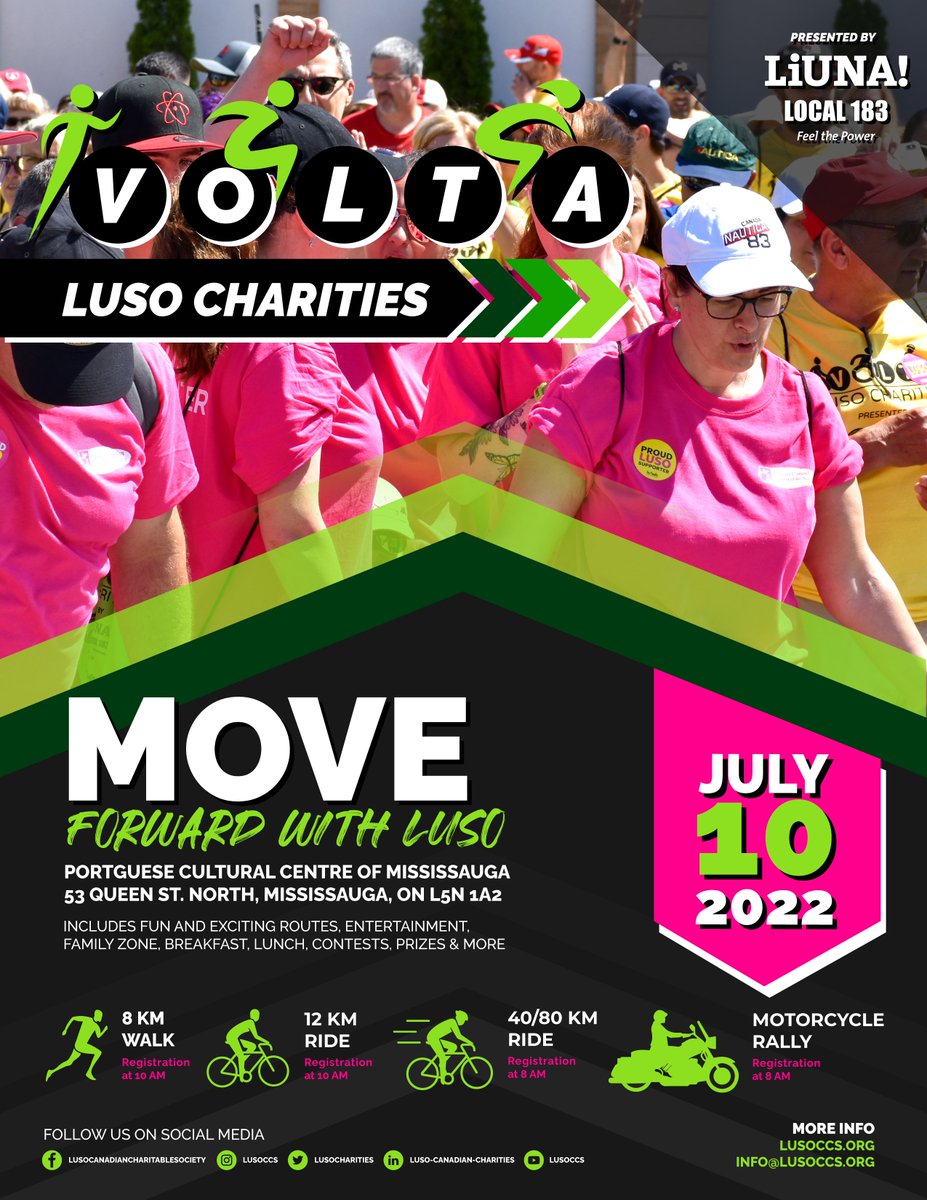 lusocharities's tweet photo. Registration is now open for 2022 Volta Luso Charities, presented by @liuna183! Take part in an individual or team challenge to walk, run, cycle or ride to raise awareness &amp; funds for individuals living with disabilities. Visit https://t.co/2wI8XZK44n to register &amp; donate today! https://t.co/83UNuqw6JC