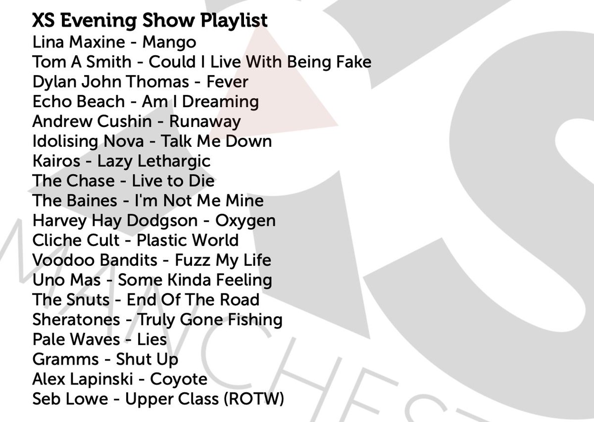 Here's a look at next weeks "new stuff" list on <a href="/XSManchester/">XS Manchester - 106.1 FM, DAB+ & App</a> for the #XSEveningShow.

New <a href="/TheSnuts/">The Snuts</a> <a href="/TheSheratonsUK/">The Sheratons</a>
<a href="/palewaves/">PALE WAVES</a> <a href="/alexlipinski1/">Alex Lipinski</a> and Gramms (as recommended by <a href="/therealboon/">Clint Boon</a>).

Plus the bloody brilliant @SebLowe1 has my ROTW spot with a track from his new EP!