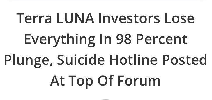Ho letto di wallet che hanno perso centinai di milioni di $ con #terraluna !!! 
E’ stata attivata una linea telefonica per prevenire i suicidi !!!
Mai esporsi troppo con i soldi.
Mai essere avidi .. ad un certo punto bisogna fare #cashout
#TerraUSD #LUNA #bitcoin